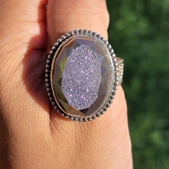 Designer Colleen Lopez purple flashy druzy 925 sterling silver heavy ring adjust - Picture 11 of 16
